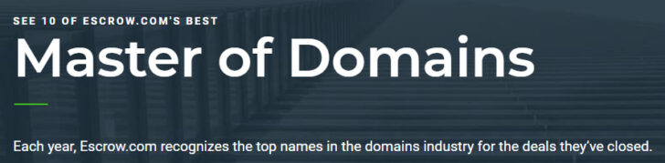 The words "master of Domains" on an escrow.com background