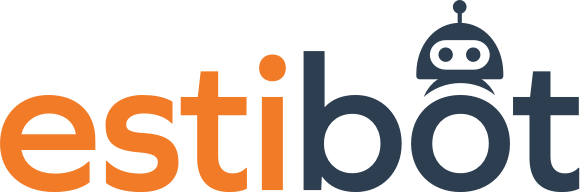 Logo for Estibot in orange and blue with a robot over the O