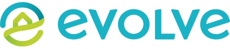 Evolve logo includes blue letters for the word evolve and a stylized home image