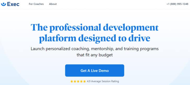Screenshot of exec.com, which has the words "The professional development platform designed to drive"