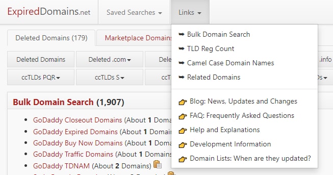 Screenshot of expireddomains.net showing bulk domains earch