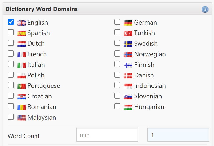 Image of ExpiredDomains.com dictionary word box showing English language and maximum word