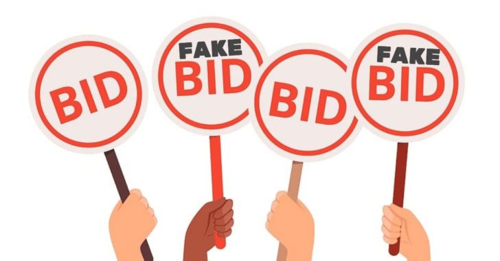 Four hands holding up bidding cards. Two have the word "bid" on them, and two have "fake bid".