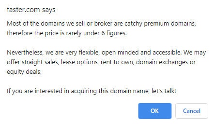 Message on Faster.com about buying the domain