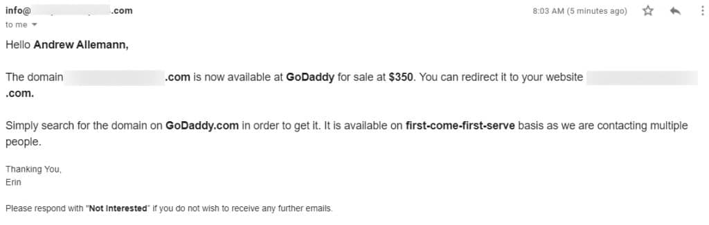 Screenshot of email offering domain name for sale