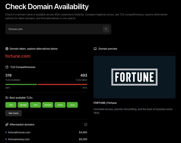 Check Domain on Instant Domain Search for Fortune