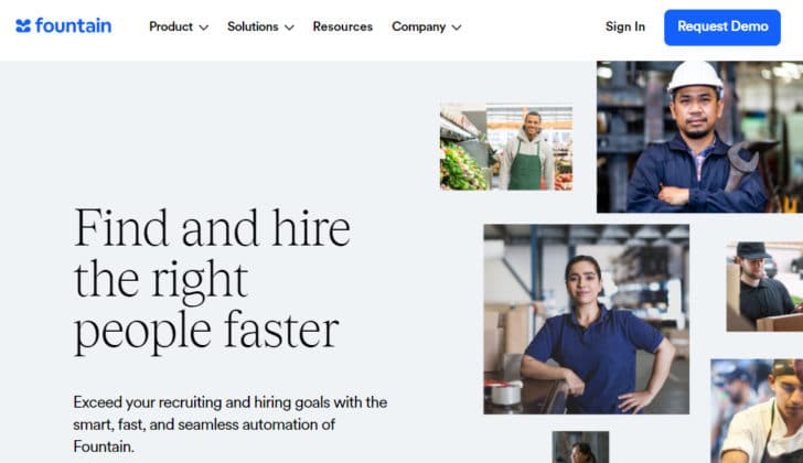 Screenshot of fountain.com has the text "find and hire the right people faster" with pictures of hourly workers