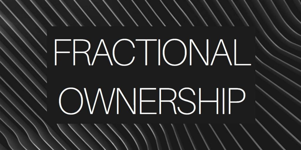 A black and gray background with angular lines and the words "fractional ownership"