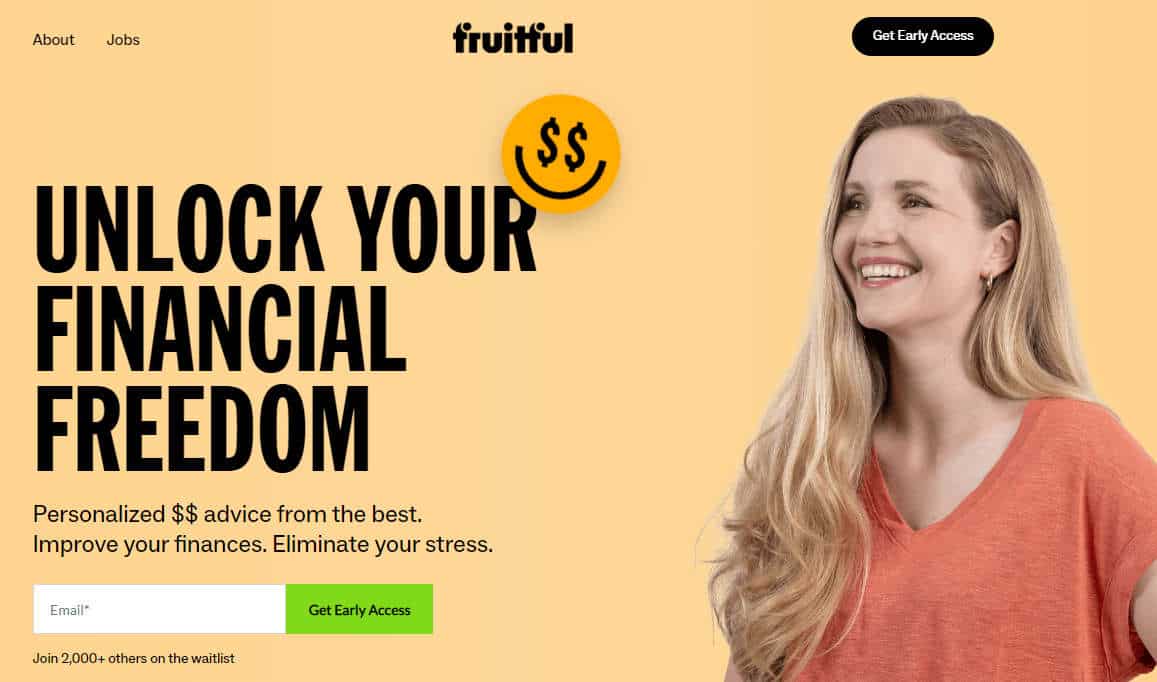 Screenshot of Fruitful website that says "unlock your financial freedom"