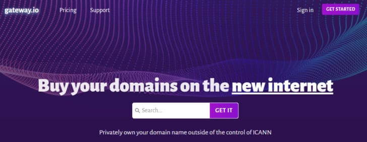 Screenshot of gateway.io page with search box for blockchain-based domains