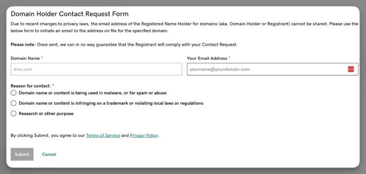 GoDaddy registrant contact form