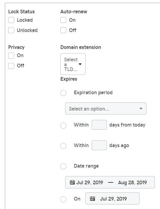 GoDaddy Account Manager filter functionality.  Shows a screenshot of the filter options for viewing your domains, such as by expiration date or renewal status