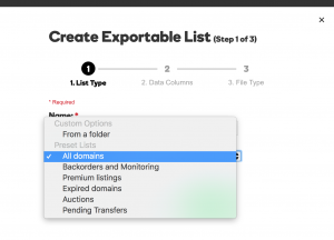 GoDaddy Create Exportable List - Step 1-2