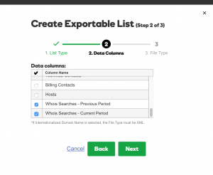 GoDaddy Create Exportable List - Step 2