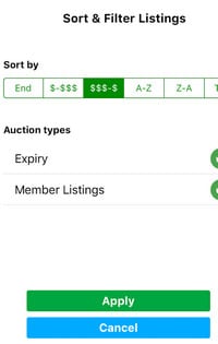 Screenshot of GoDaddy Investor app filter tool