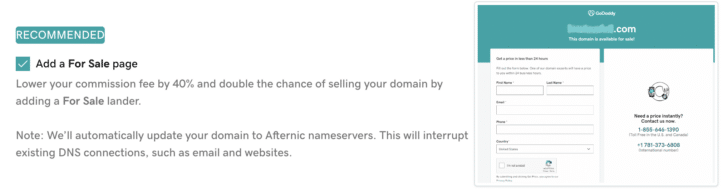 GoDaddy option to point "for sale" domains to landing pages