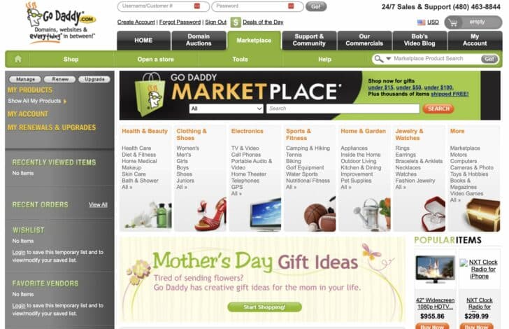 Screenshot of GoDaddy marketplace in 2011