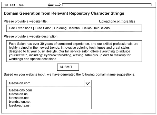 Graphic from GoDaddy patent application shows company data with suggested domain names