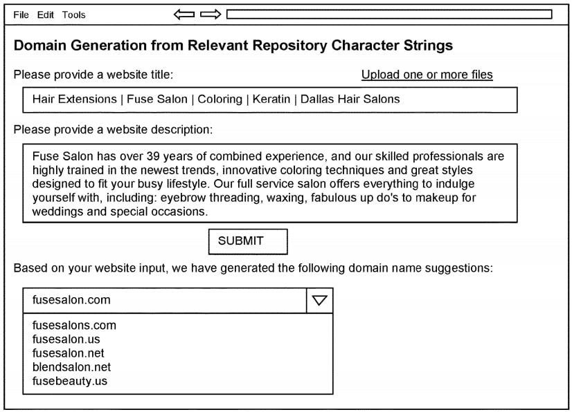 Image from GoDaddy Patent application for patent search showing user interface