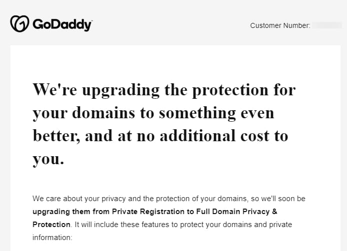 Screenshot of GoDaddy whois privacy email