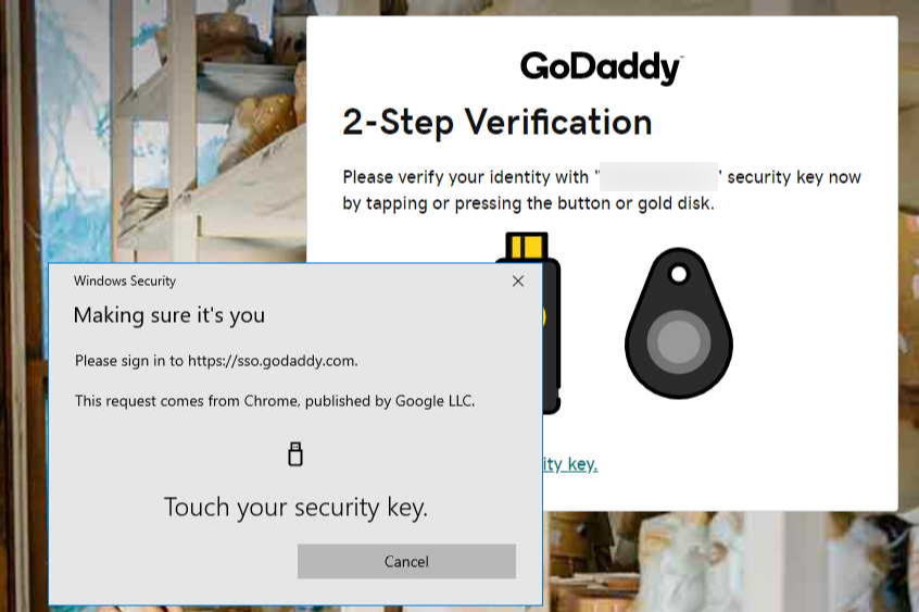 GoDaddy login screen asking to confirm physical hardware key