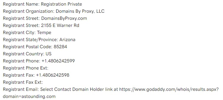 Capture d'écran de GoDaddy whois record avec Domains by Proxy, masquant toutes les informations du propriétaire