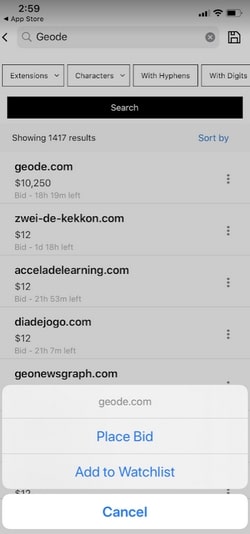 Screenshot of the GoDaddy Investor app and a search for Geode, with the ability to add to watchlist or place a bid