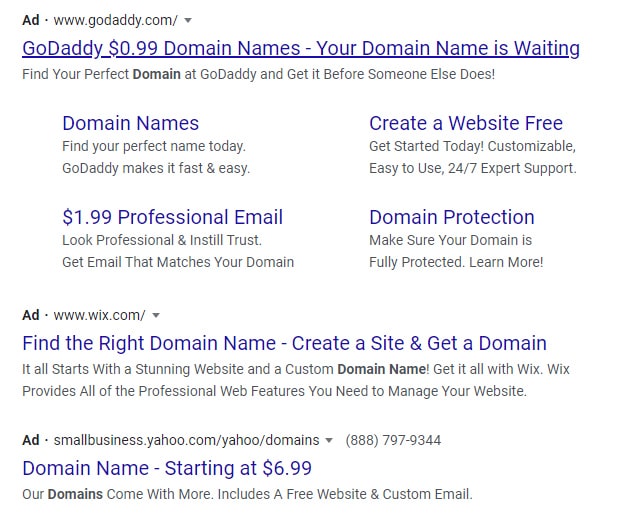 Screenshot of Google Ads for the term "domain name?