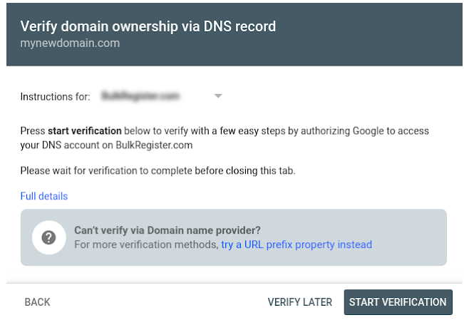 screenshot of verification process for automatically adding a TXT record to verify a site to Google Search Console