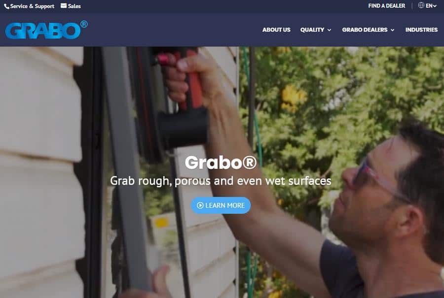 Screenshot of the website Grabo.com, showing a man using a suction tool to lift a window