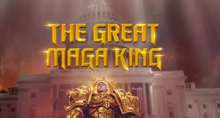 Picture of Donald Trump in a coat of arms in front of a burning capital building with the words "the great maga king"