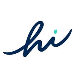 Logo for hi has the word high is cursive, lowercase h and i, with blue hues.