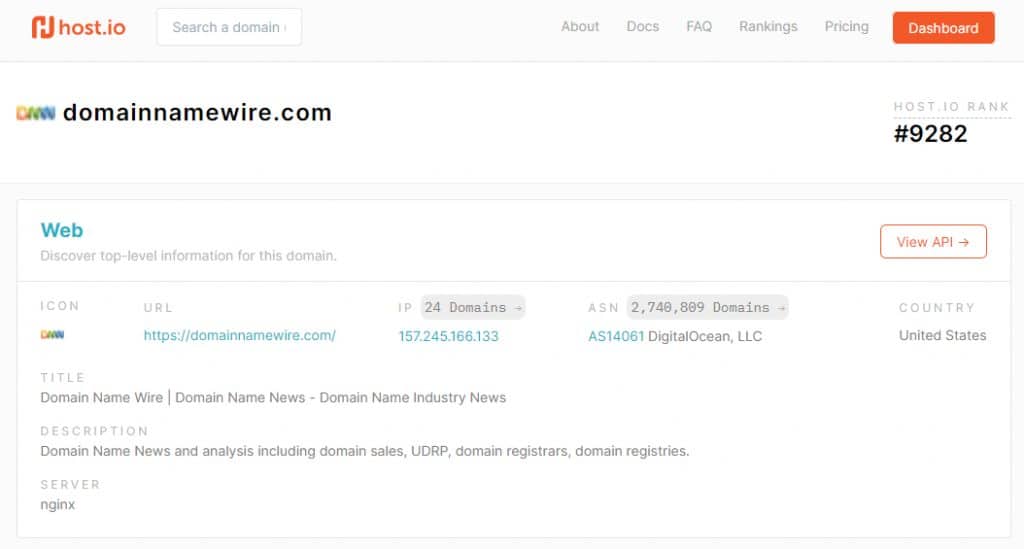 Screenshot of a host.io record for domainnamewire.com