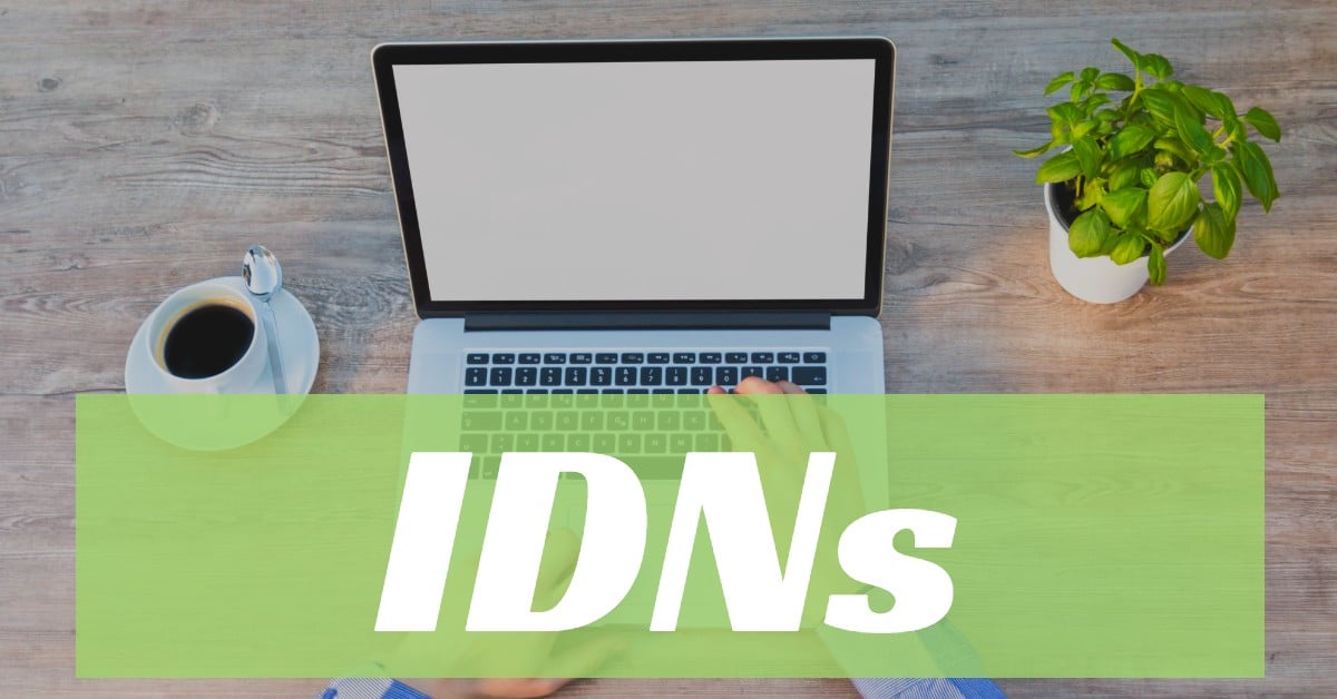 Image of a computer and cup of coffee with the word "IDNs" overlayed on a green bar