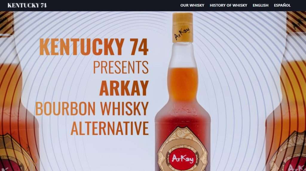 Screenshot of a website for Kentucky74.com that advertises a rival's fake alcohol and has pictures of non-alcoholic whiskyy