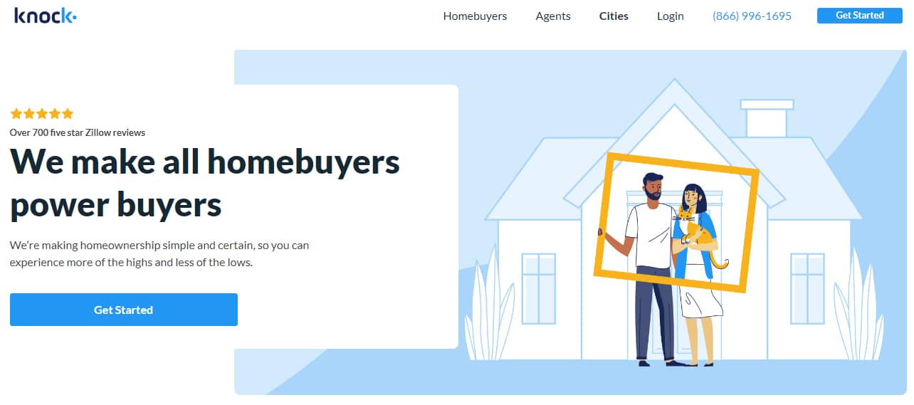 Homepage capture of Knock.com shows picture of a couple with a cat standing in front of a graphical house and the words "We make all homebuyers power buyers"