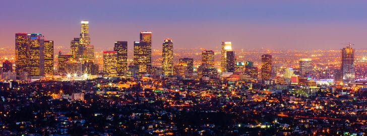 Picture of Los Angeles skyline at night with multiple skyscrapers