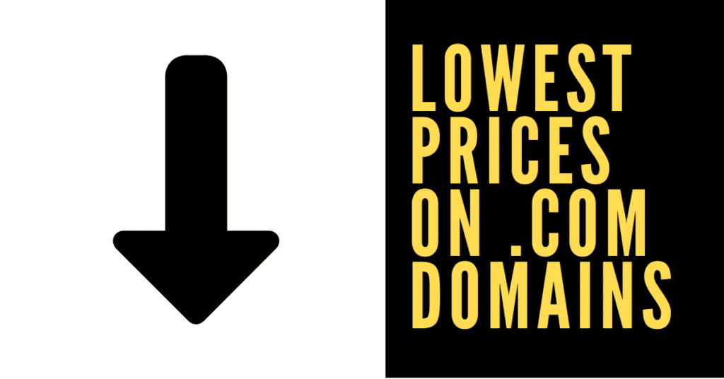 A downward arrow with the words "lowest prices on .com domains"