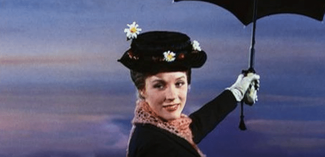 Still image of Mary Poppins movie with Mary Poppins holding an umbrella
