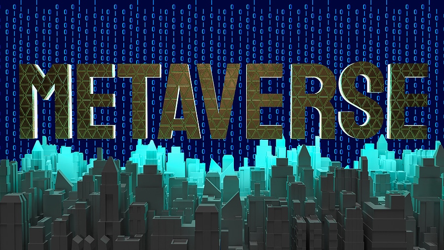 Image with the word "metaverse" above a cityscape