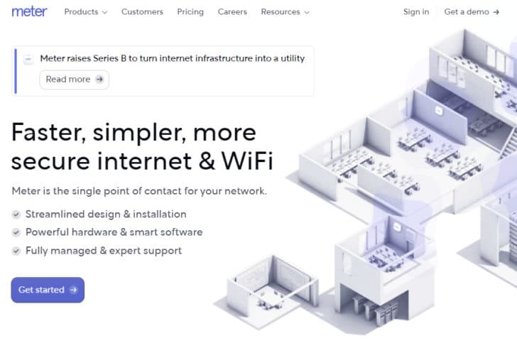 Screenshot of Meter's home page, showing that the company provides better WiFi for offices