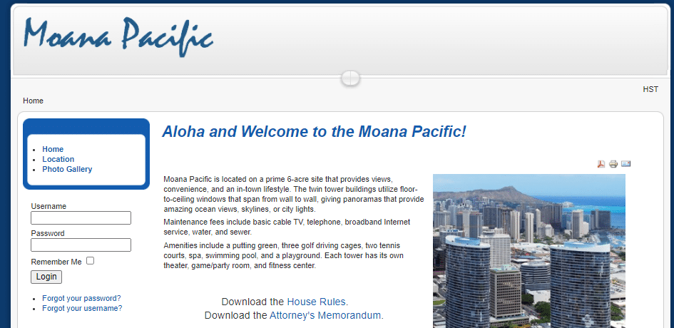 Screenshot of moanapacific.org from 2016 showing a picture of the condos and a log in box