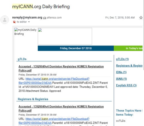 Screenshot of MyICANN daily briefing