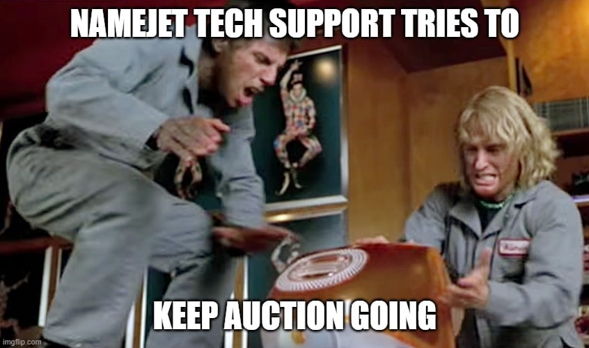 Picture from Zoolander with Owen Wilson pointing to mac computer with the words "namejet tech supports tries to keep auction going"