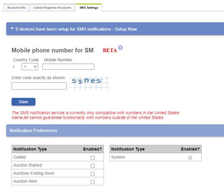 NameJet management screen for setting up SMS alerts