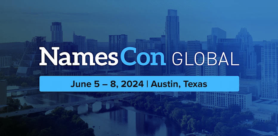 Graphic for NamesCon Global 2024, with image of Austin in the background.