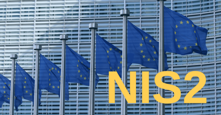 Picture of EU flags with the word NIS2 in yellow