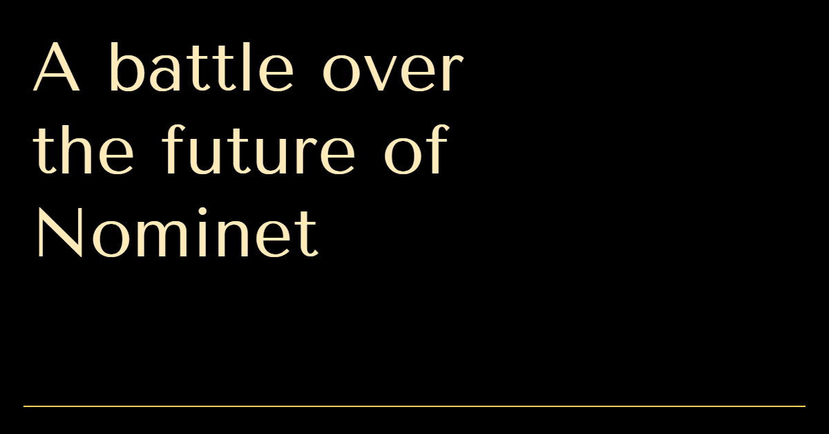 A black background with the words "A battle over the future of Nominet" in gold letters