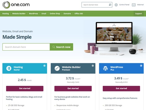 One.com web hosting web page