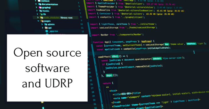 Lines of code with the words "Open source software and UDRP" superimposed on top